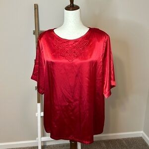 Vintage 1980s- 90s Koret Red Silky Top with Embroidery Size 1X- See Measurements
